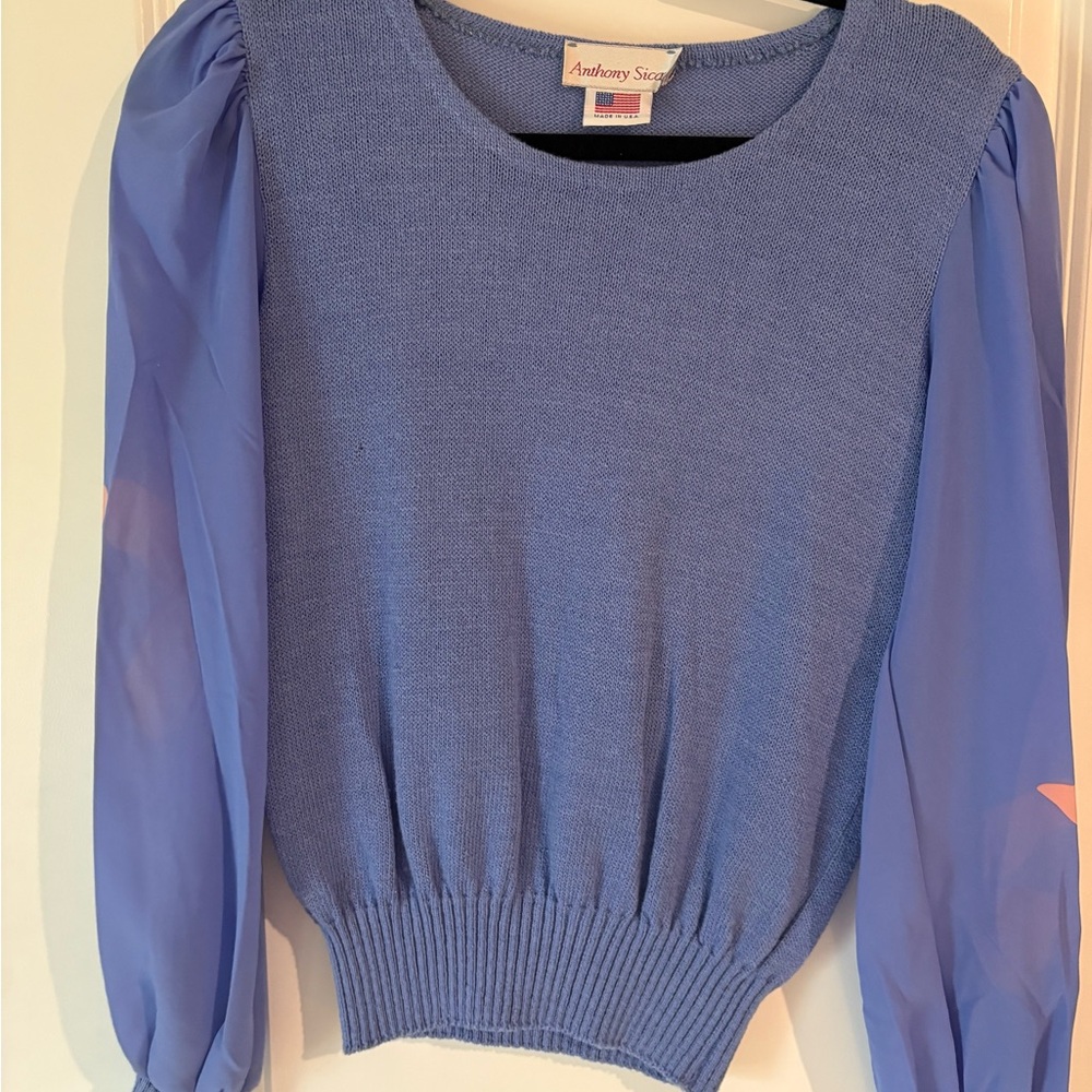 Blue Crew Neck Sweater with Puff Sleeves